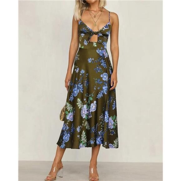 Dresses & Skirts - Army Green Floral Print Satin Tie Front Bodycon Cami Dress Midi Party Dress